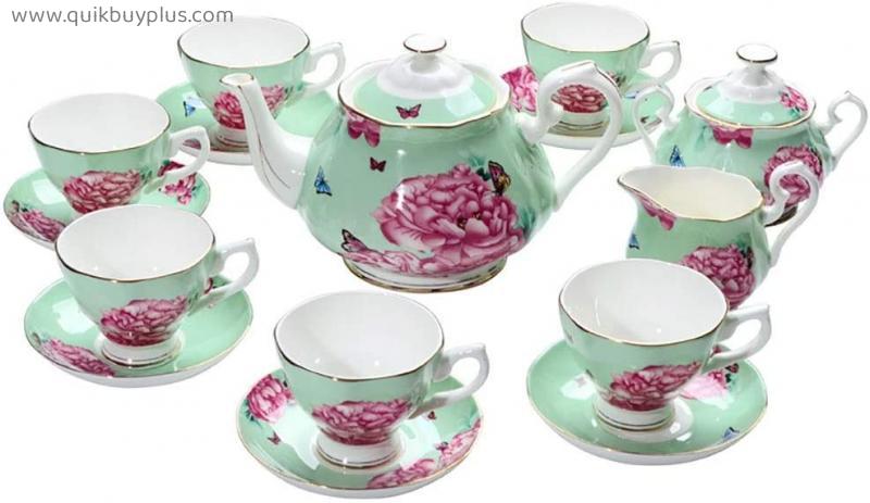 (15PCS) European tea set, retro ceramic tea set, English pastoral style afternoon tea set, bone china gold coffee cup