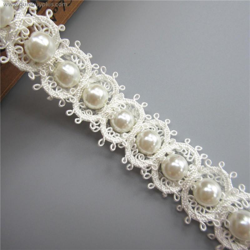 1 yard 2.5cm Width Ivory Pearl Beaded Nylon Embroidered Lace Trim Ribbon Fabric Handmade DIY Garment Sewing Craft Decoration