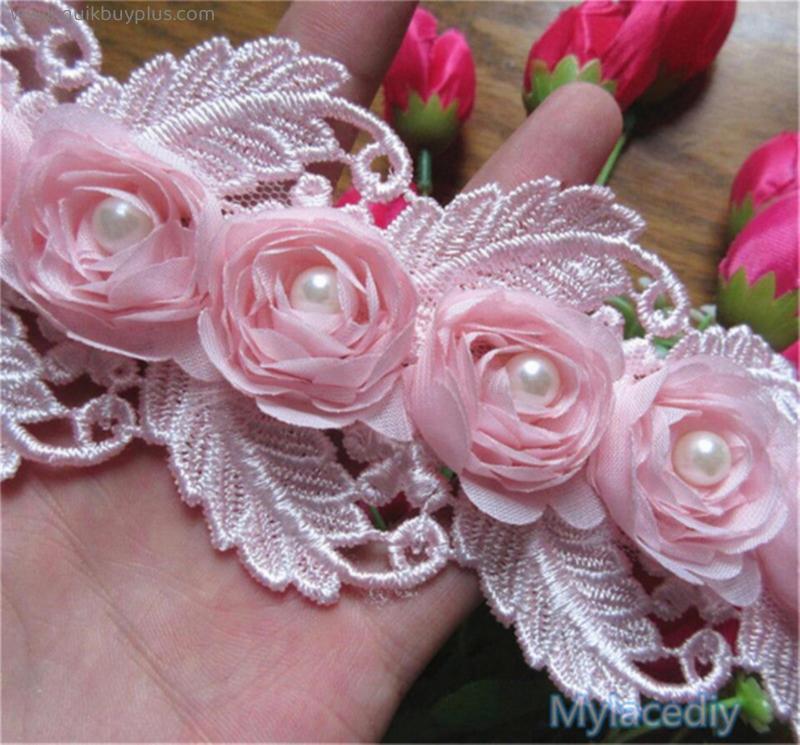 1 yard 3D Pink Chiffon Pearl Rose Flower Embroidered Lace Trim Ribbon Fabric Handmade DIY Wedding Dress Sewing Supplies Craft