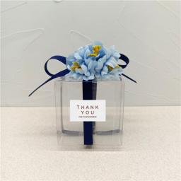 10/20/30/50pcs Matte PVC Dragee Box for Wedding Artificial Flower Blue Ribbon Boxes Anniversary Gift Communion Details Guests
