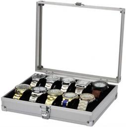 10 Grid Watch Storage Holder, Watch Case Organizer, Aluminum Watch Holder and Jewelry Box Watch Display Case for Men and Women Silvery 10x8x2 inch