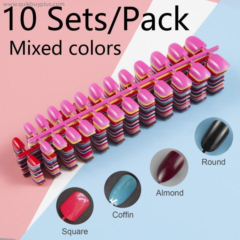 10 Sets/Pack Mixed Solid Colors Coffin Round Square Almond Shape False Nails Full Cover Nail Tips Short Fake Nails Tip Manicure