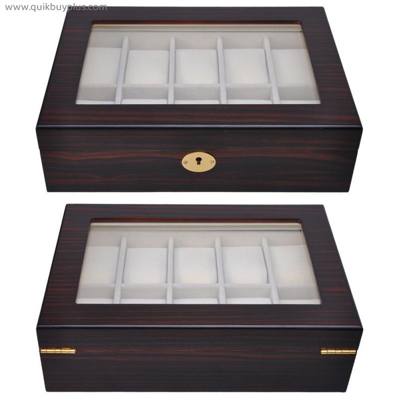 10 Watch Organizer Display Case Ebony Wood Glass Top Jewelry Box Storage Gift