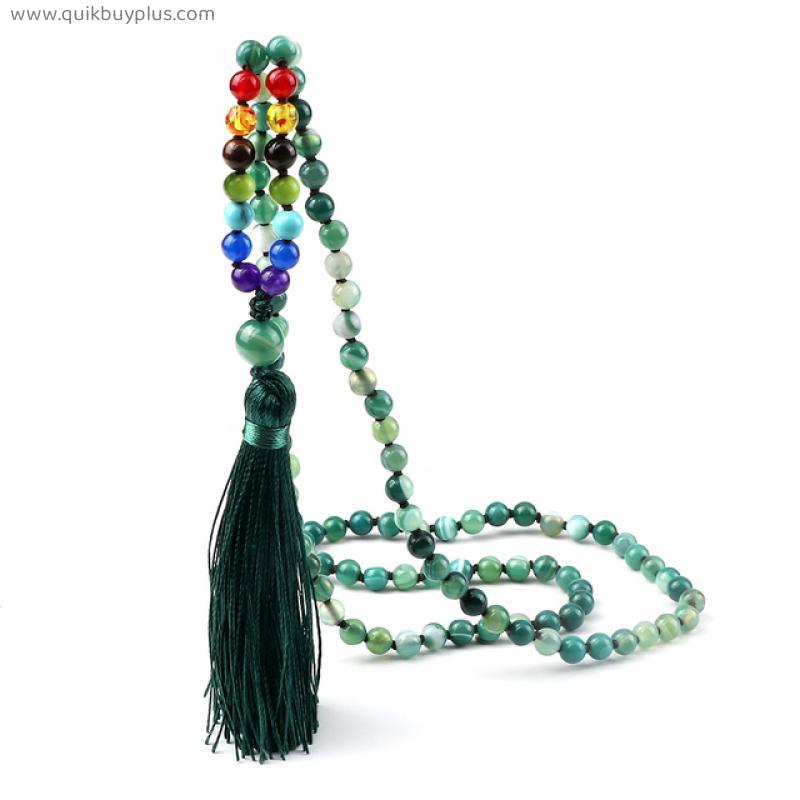 108 Mala Beaded Necklaces Female Natural Green Striped Stone Japamala 7 Chakra Necklaces Women Luckly Energy Yoga Spirit Jewelry