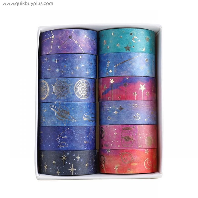 12 pcs/set 15mm*2m Universe Planet Gold Foil Washi Tape Set Masking Tapes Scrapbooking Diy Journaling  Decor Art Supplies Gift