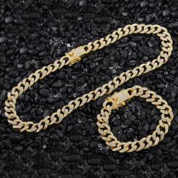 13mm Hip Hop Miami Curb Cuban Chain Necklace A Set  Iced Out Chain Rhinestones CZ Rapper Link Silver Color Necklaces Men Jewelry
