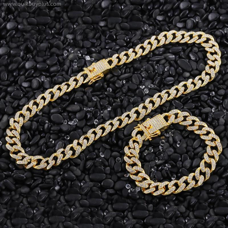 13mm Hip Hop Miami Curb Cuban Chain Necklace a set  Iced Out chain Rhinestones CZ Rapper Link Silver Color Necklaces Men Jewelry