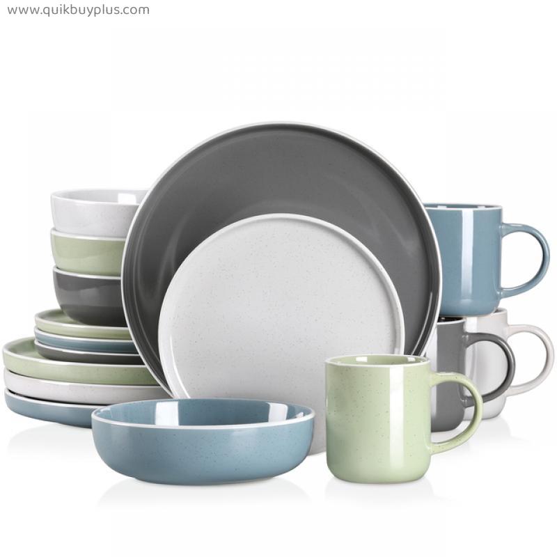 16/32/48 Piece White Stoneware Set Sesame Glaze Ceramic Dinnerware Set with Dinner Dessert Plate Soup Bowl Mug