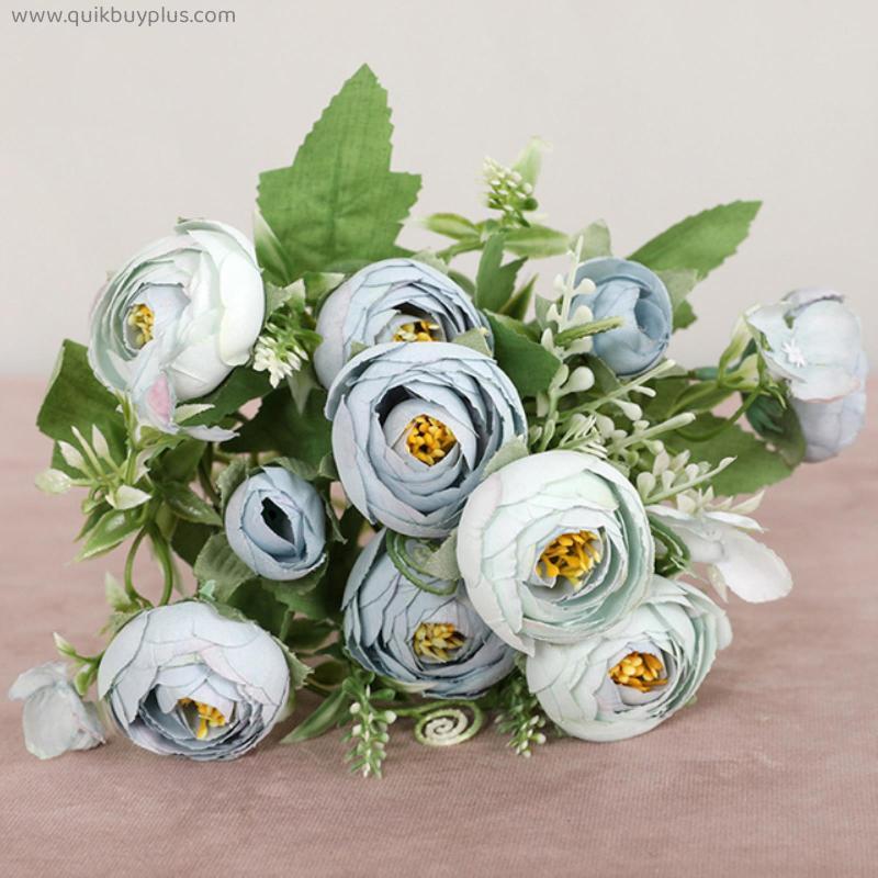 1Bouquet 12Heads Artificial Peony Tea Rose Flowers Camellia Silk Fake Flores For DIY Home Garden Decoration Wedding Bride Flower