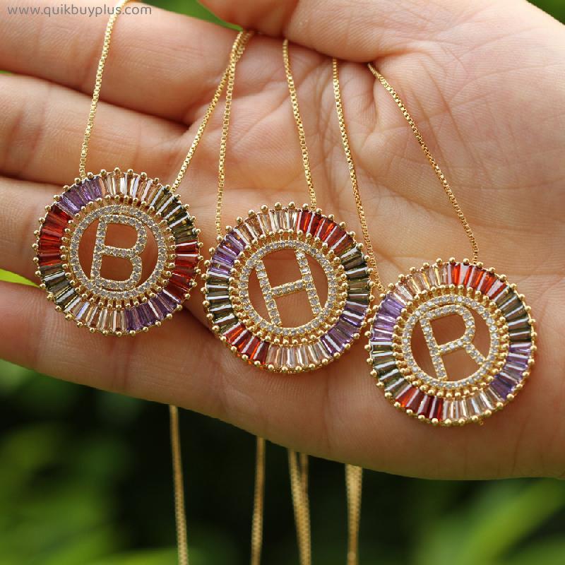 1Pcs New Trendy Gold Color Micro Pave Rainbow CZ Cubic Zirconia A-Z Initials Letter Pendant Necklaces For Women Jewelry