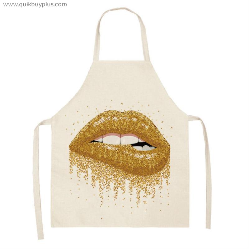 1Pcs Red Lips Retro Printed Household Cleaning Chef Aprons Home Cooking Kitchen Apron Cook Wear Cotton Linen Adult Bibs Delantal