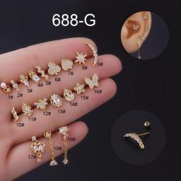 1Piece Zircon Dangle Earrings Heart Star Bee Women Earrings 2022 Jewelry Ear Cuffs 0.8mm Piercing Stainless Steel Stud Earrings
