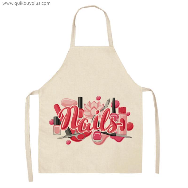 1pc Women Nail Polish Lipstick Printed Apron Cotton Linen Aprons for Kitchen Home Cleaning Cooking Baking Accessories Delantales