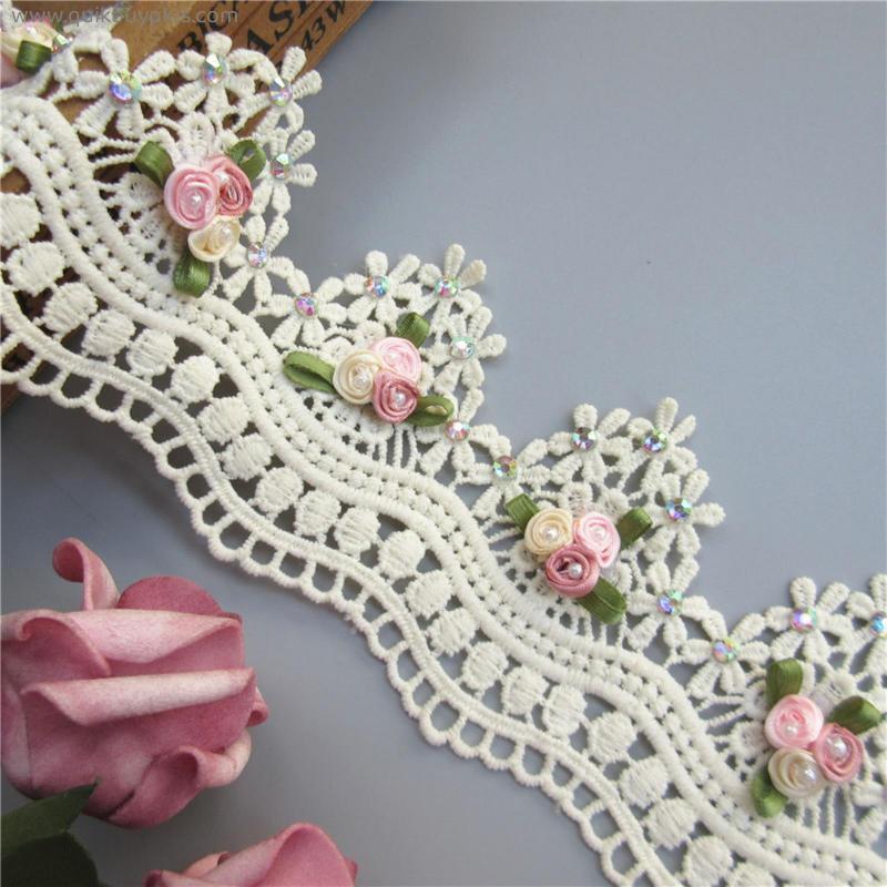 1yd Apricot Cotton Flower Diamond Pearl Embroidered Fabric Lace Trim Ribbon Handmade DIY Sewing Craft For Costume Hat Decoration