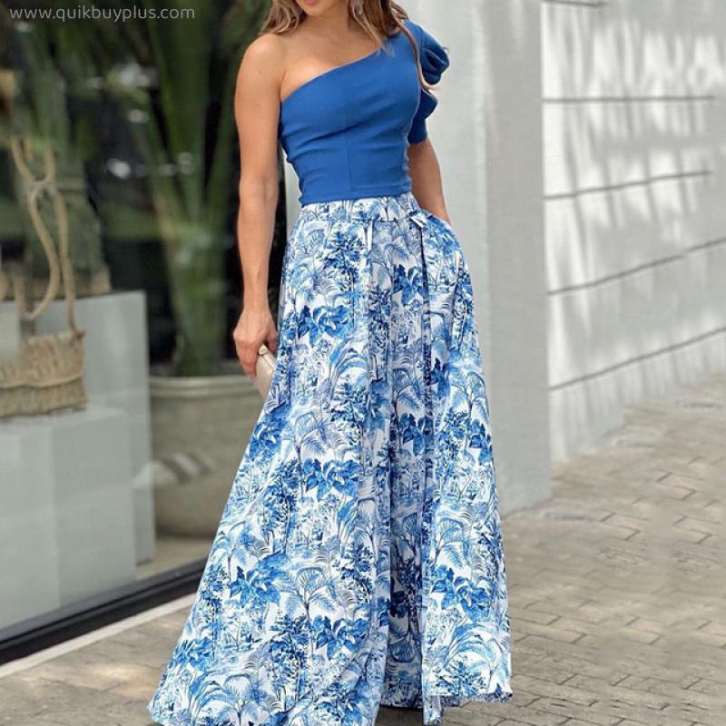 2 Piece Set Combination Dress Elegant Women's 2022 Summer Personalized One-shoulder Sleeve Top Printed Skirt  S-XXXL