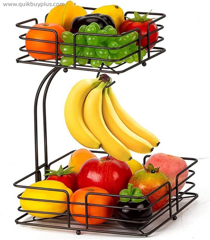 2-Tier Countertop Fruit Basket Vegetable Fruits Racks with Banana Hook Kitchen Storage Organisation Keeps Fruits and Veg Fresh