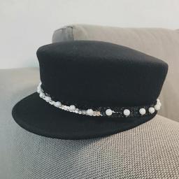 2020 New Women Winter Hat Flat Top Wool Felt Hat Sequins Pearl Decoration Street Visor Cadet Cap Ladies Military Hat Adjustable