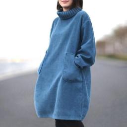2020 Solid Color Corduroy Thick Women Winter Elegant Long Dresses Plus Size Ladies Female Loose Vintage Turtleneck Dress