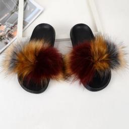 2021  Summer Ladies Solid Faux Fox Fur Fluffy Slippers Women's Plush Faux Hair Outdoor Slides Furry Flip Flops Women's Sandals