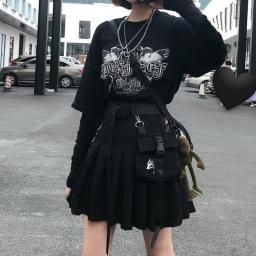 2021 Gothic Punk Harajuku Women Skirts Casual Cool Chic Preppy Style Red Plaid Pleated Black Female Fashion Shorts Skirts Pocket