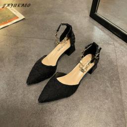 2021 New Baotou Women Sandals Pointed Toe Temperament Thick Heel High Heels 4Cm Elegant Pearl Chain Mid Hollow Lady Pumps Mujer