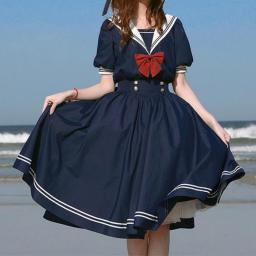 2021 Summer Japan Harajuku Sailor Navy Dress Lolita Sweet Bow-knot Girl Retro Kawaii Preppy Style Short Sleeve JK Dresses Women