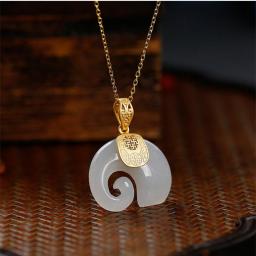 2021 Vintage White Hetian Jade Elephant Pendant 18K Gold Plated Chain Necklace Stainless Steel Sapphire Choker Jewelry For Women