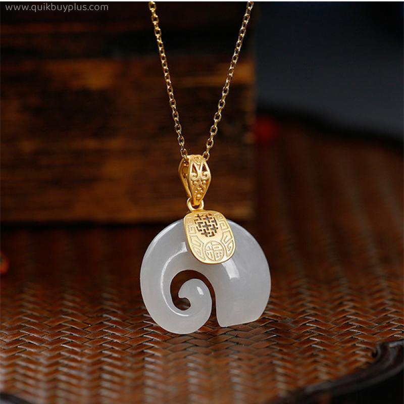 2021 Vintage White Hetian Jade Elephant Pendant 18K Gold Plated Chain Necklace Stainless Steel Sapphire Choker Jewelry for Women