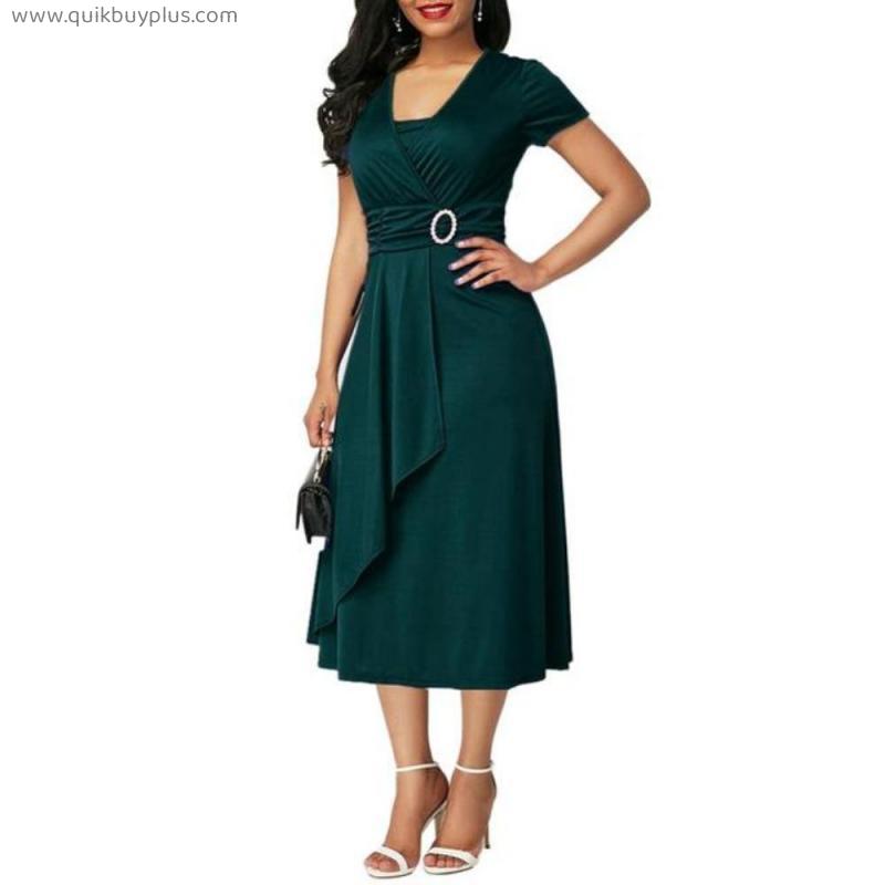 2022 Fashion Elegant Women Solid Color Short Sleeve V Neck Asymmetric Hem Waist Tight Midi Party Dress Ladies Evening Vestidos