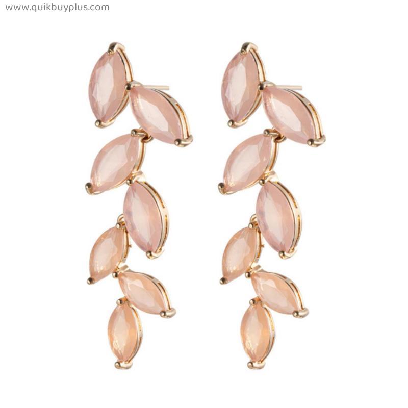 2022 New Exquisite Pink Color Leaf Zircon Dangle Earrings for Women Personality Wild Gold Plated Earring Wedding Party Jewelry