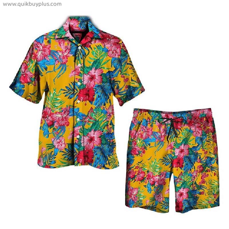 2022 New Men Sets Tropical Print Short Sleeve Shirt Tops Casual Beach Shorts Summer Streetwear Vacation Hawaiian Suits Men