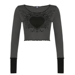 2022 Retro Fashion Heart Printed Autumn T-Shirts For Women Crop Top Dark Academia Gothic Clothes Aesthetic T Shirt