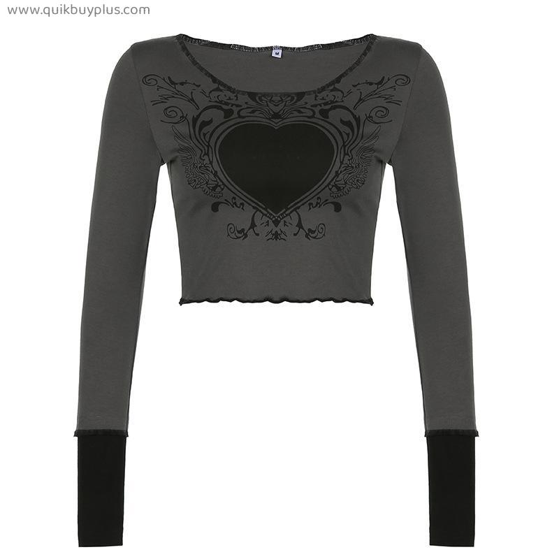 2022 Retro Fashion Heart Printed Autumn T-Shirts for Women Crop Top Dark Academia Gothic Clothes Aesthetic T Shirt