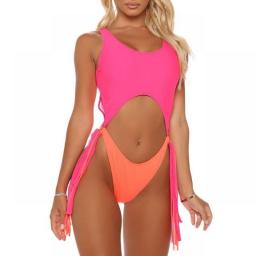 2022 Sexy Tassel One Piece Swimsuit Women High leg Monokini Hollow Out Swimwear Patchwork Bathing suit Female Beach Swim