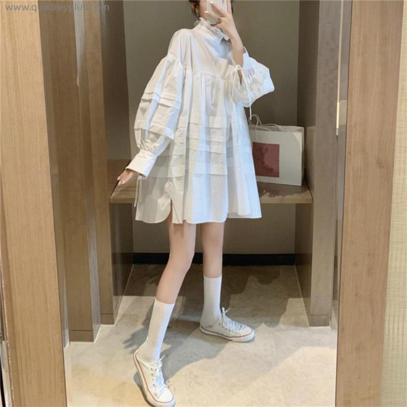 2022 Spring Korean A-line Dresses Women Sweet Mini Doll Dress Lace Up Long Sleeve Stand Neck Short Vestidos