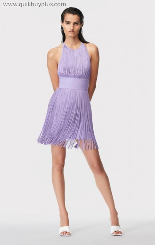 2022 Summer Women Sexy Sleeveless Halter Tassel Backless Purple Mini Bodycon Bandage Dress Elegant Evening Club Party Dress