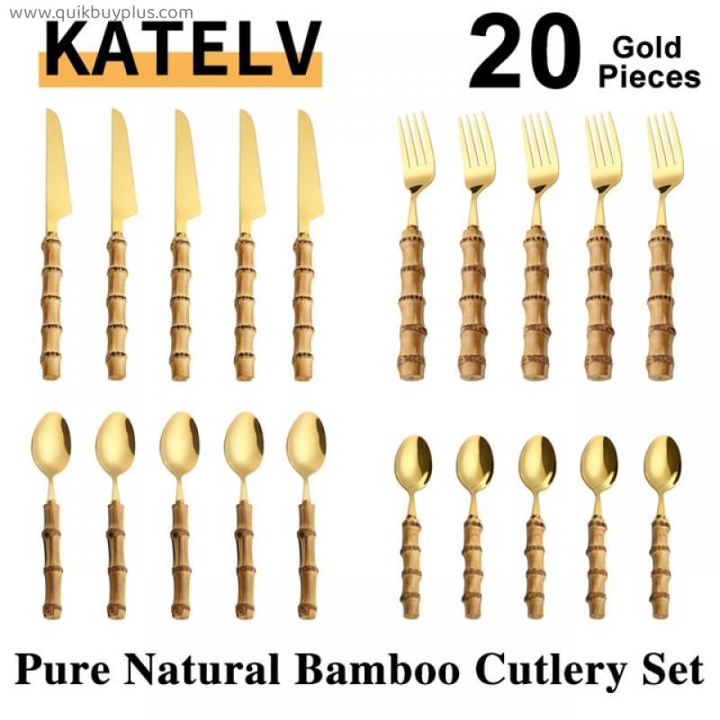 20Pcs Bamboo Handle Tableware Set Stainless Steel Gold  Dinnerware Nature Steak Knives Forks Dessert Spoons elegant Cutlery Set