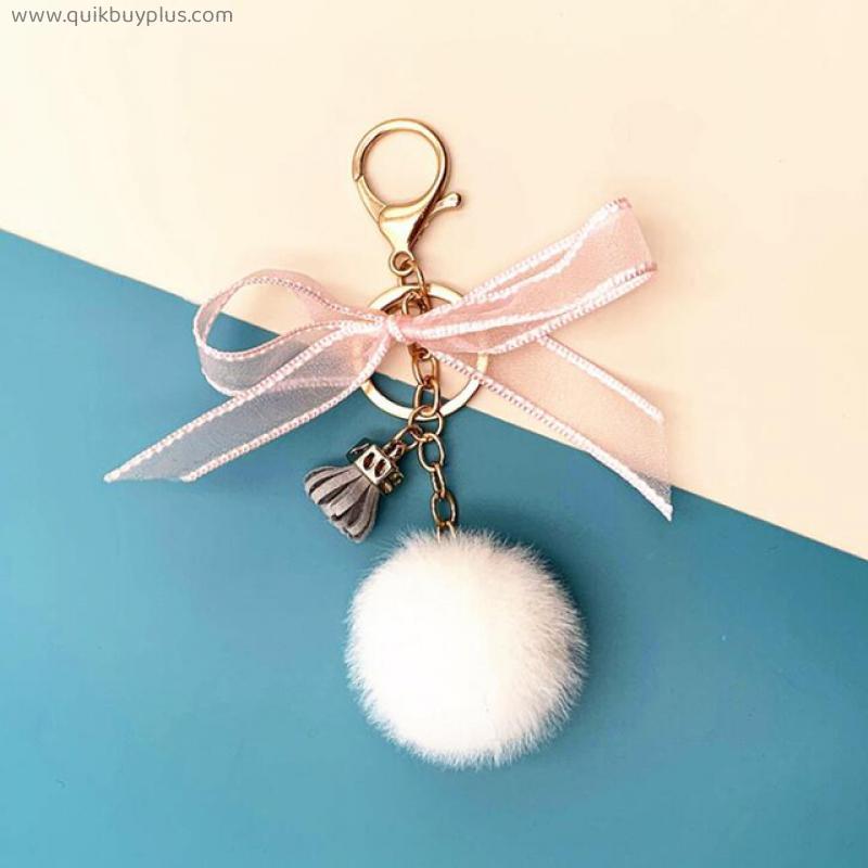20pcs/lot Women Keychains Plush Balls with Tassel Bow Soft Key Ring For Girls Bag Pendant Decorations