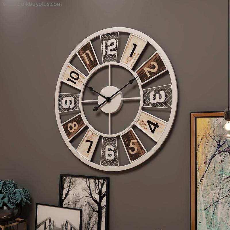 24 Inch Modern Metal Wall Clock Battery Operated Non Ticking Medium Iron Wall Clocks Rustic Farmhouse Contemporary Metal Round Clock for Living Room/Bedroom/Kitchen Wall Decor
