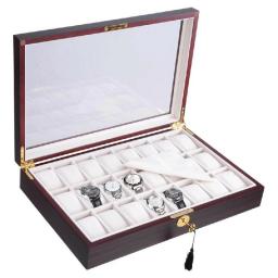 24 Slots Watch Display Case Ebony Wood Glass Top Organizer Collector Jewelry Box
