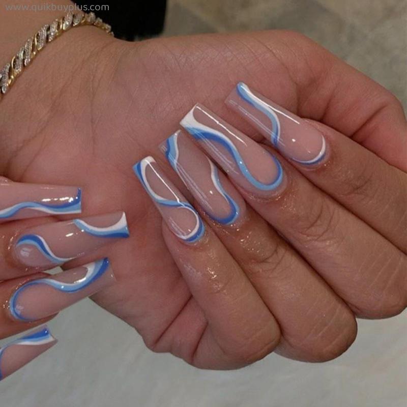 24pcs blue white Wavy lines Detachable Long Ballerina Nails With Design Wearable Fake Nails Full Cover Nail Tips