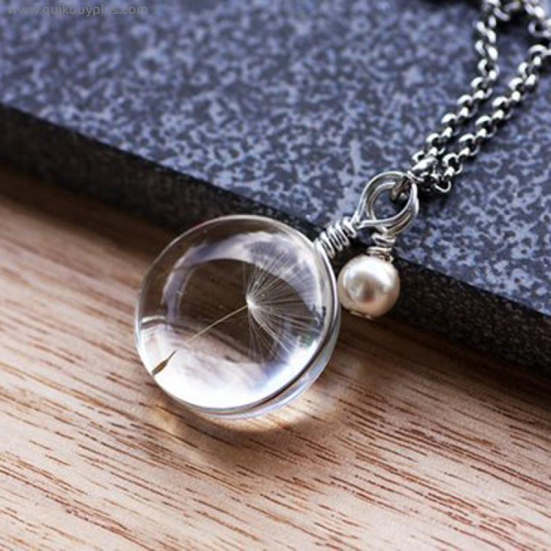 2PCS Dandelion Necklace Glass Ball Wish Pendant Necklace Beaded Dried Pressed Flower Necklaces Chain Jewelry for Women and Girls