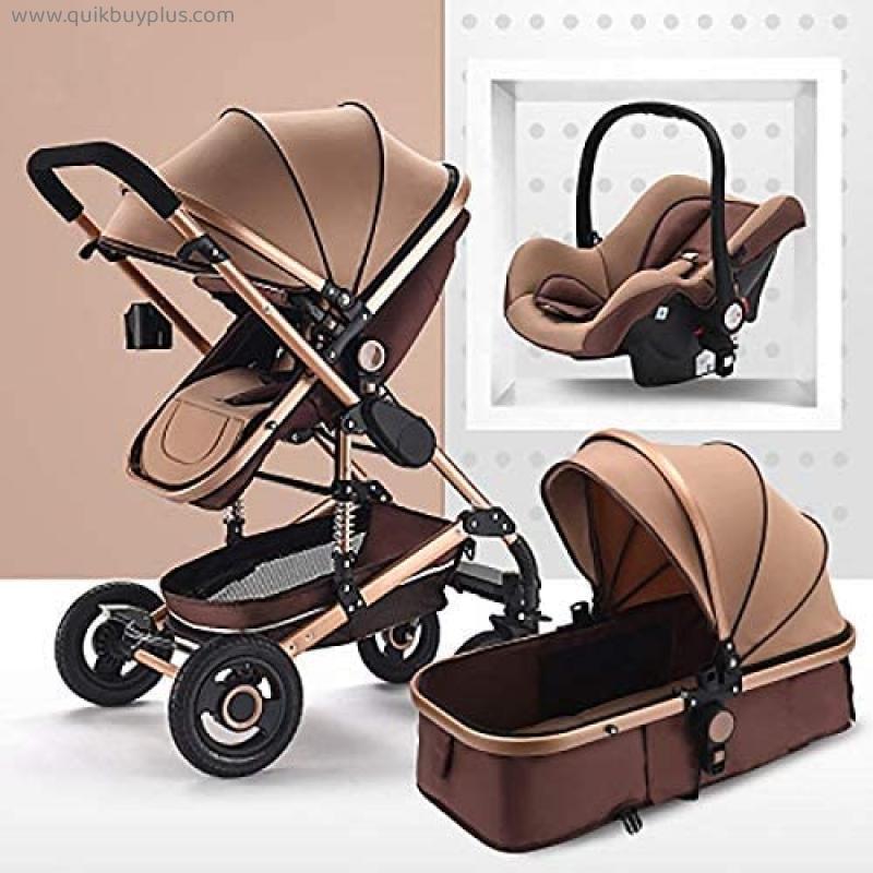 3 in 1 Baby Stroller, High Landscape Infant Pushchair Stroller, Foldable Pram with Adjustable Canopy, Storage Basket, Large Seat Area, Two-Way Implementation (Color : Brown)