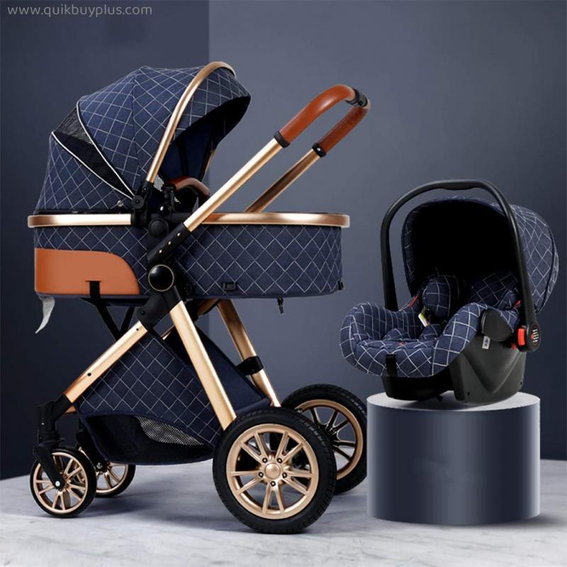 3 in 1 Stroller Carriage with Oversized Canopy/Easy One-Hand Fold,Foldable Luxury Baby Stroller Anti-Shock Springs High View Pram Baby Stroller with Baby Basket (Color : Blue)