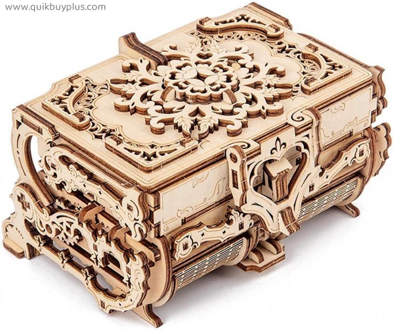 3D DIY Wooden Jewelry Box Assembled Creative DIY Puzzle Wooden Mechanical Transmission Model Assembled Gift Antique Box Model Brain Game (Color: with original box)