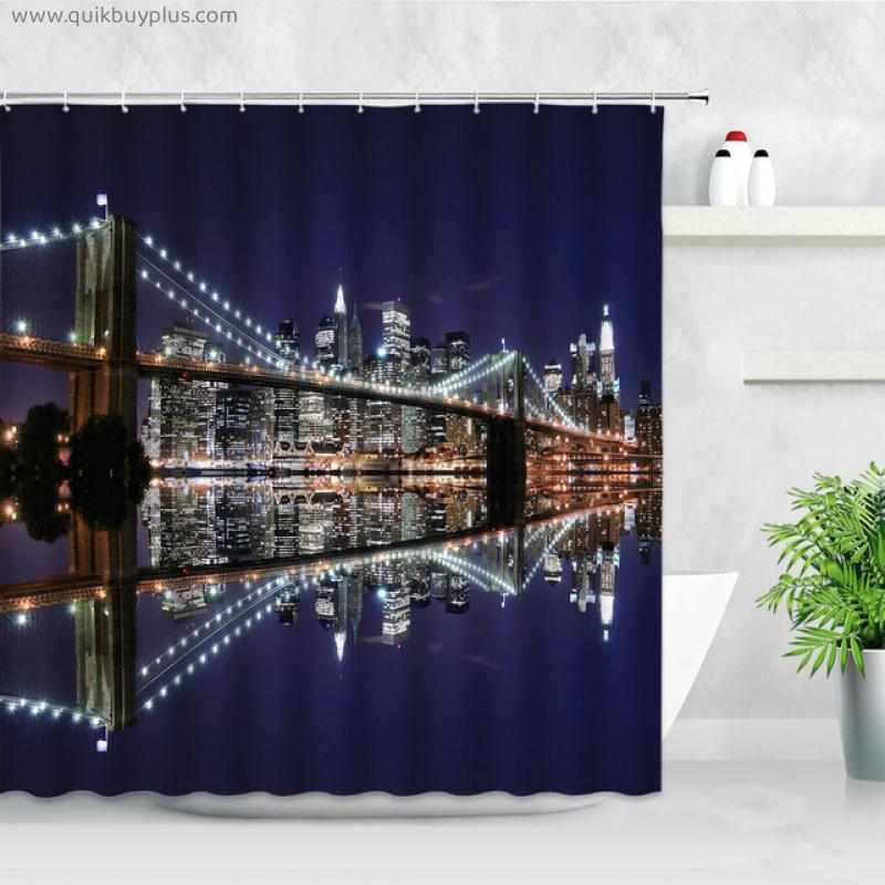 3D New York Brooklyn Bridge Night View Shower Curtains London City Natural Scenery Modern Home Decor Hooks Bathroom Curtain