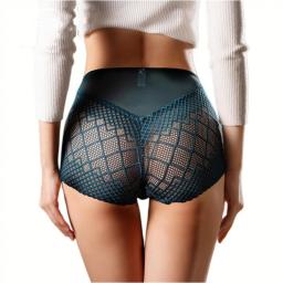 3pcs Womens Underwear Panties Lace Lingerie High Fit Female Boyshort High Waist Briefs Rhombus Mesh Underpant Plus Size