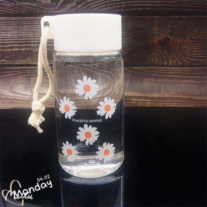 450ml Small Daisy Transparent Plastic Water Bottles BPA Free Creative Frosted Water Bottle With Portable Rope Travel Tea Cup