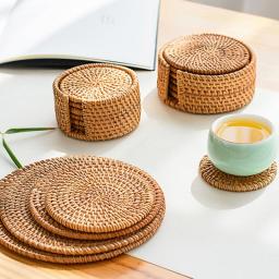 4PCS Handmade Round Natural Rattan Pad Coasters Table Placemats Bowl Mats Padding Mat Insulation Pad Kitchen Decoration Accessories