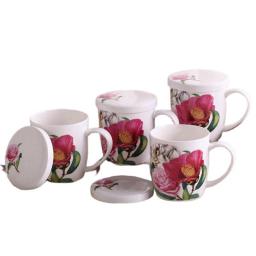 4pcs set, 350ML, bone china mug with lid, bloomind design, cafe cup coffee, enamel mug for household gift, porcelain coffee mugs